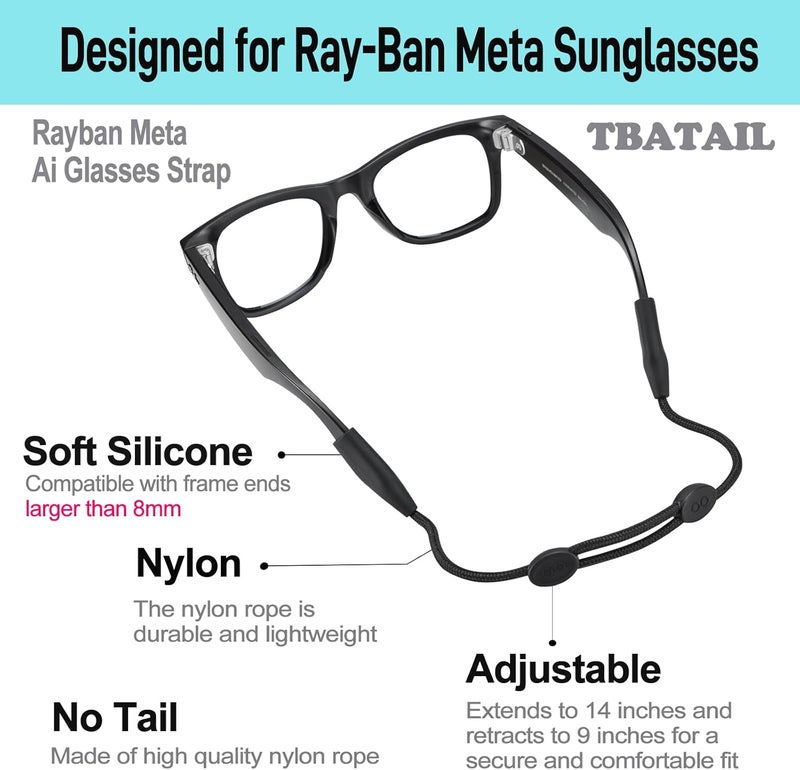 TBATAIL Glasses Strap for Ray-Ban Meta and Wide Frame Glasses –Adjustable Sunglasses Straps Cords for Men Women kids-Eye Glasses Holders Around Neck, Eyewear String Lanyard Retainer(3pcs 14in Black) - Image 3